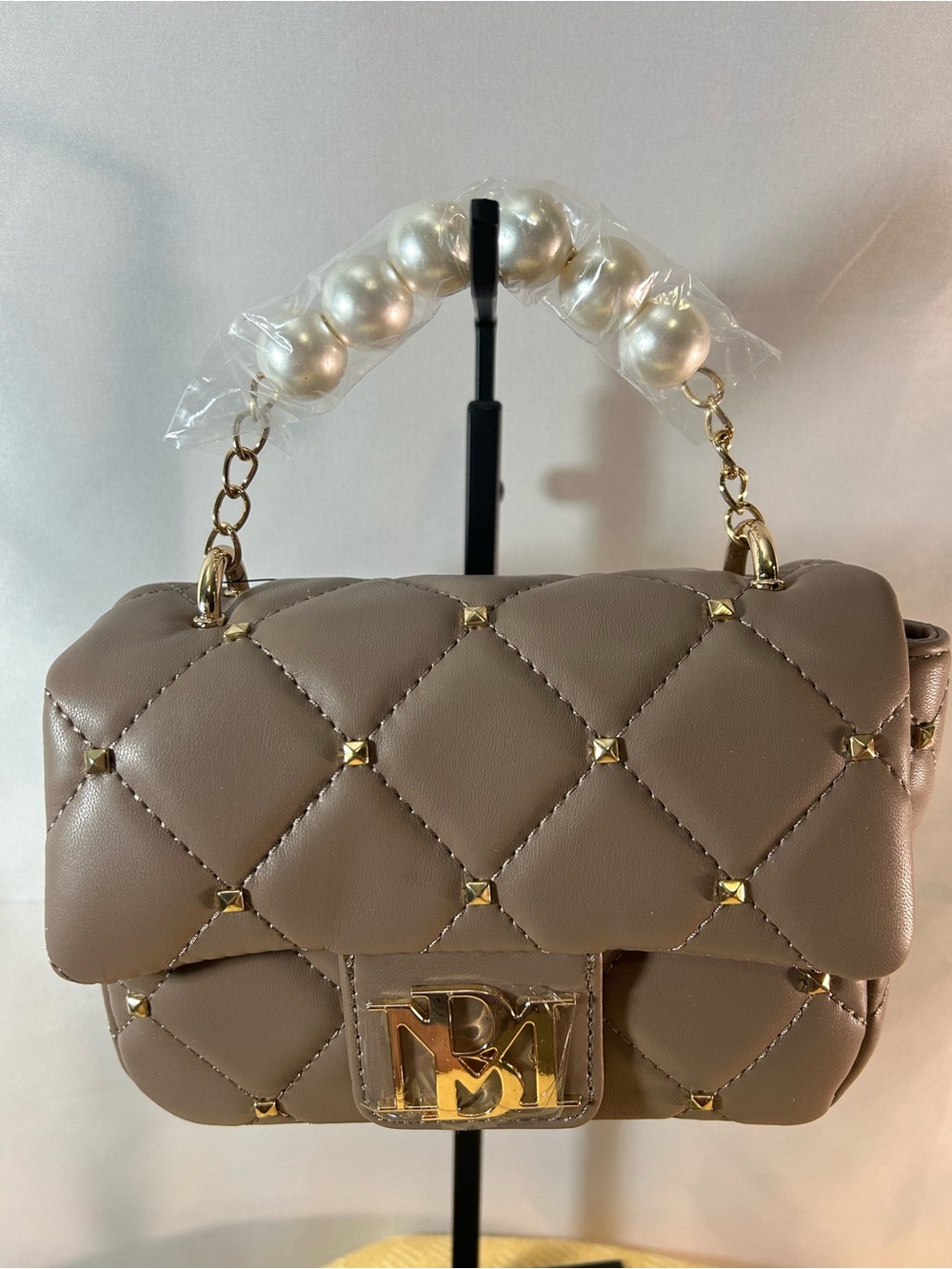 Badgley Mischka Taupe Quilted Mini Bag with Pearl Handle - Picture 3 of 4